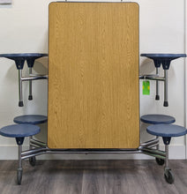 Load image into Gallery viewer, Space Saver 8ft Cafeteria Lunch Table w/ 8 Stool Seat, Oak Top, Navy Blue Seat, Adult Size (RF)