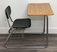 Load image into Gallery viewer, Virco 3640BR Sled Combo Desk, Black Hard Plastic Seat, Woodgrain Laminate Top (RF)