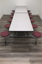 Load image into Gallery viewer, 12ft Cafeteria Lunch Table w/ Stool Seat, Gray Top, Burgundy Seat, Adult Size (RF)