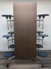 Load image into Gallery viewer, 12ft Cafeteria Lunch Table w/ Stool Seat, Walnut Top, Navy Blue Seat, Adult Size (RF)
