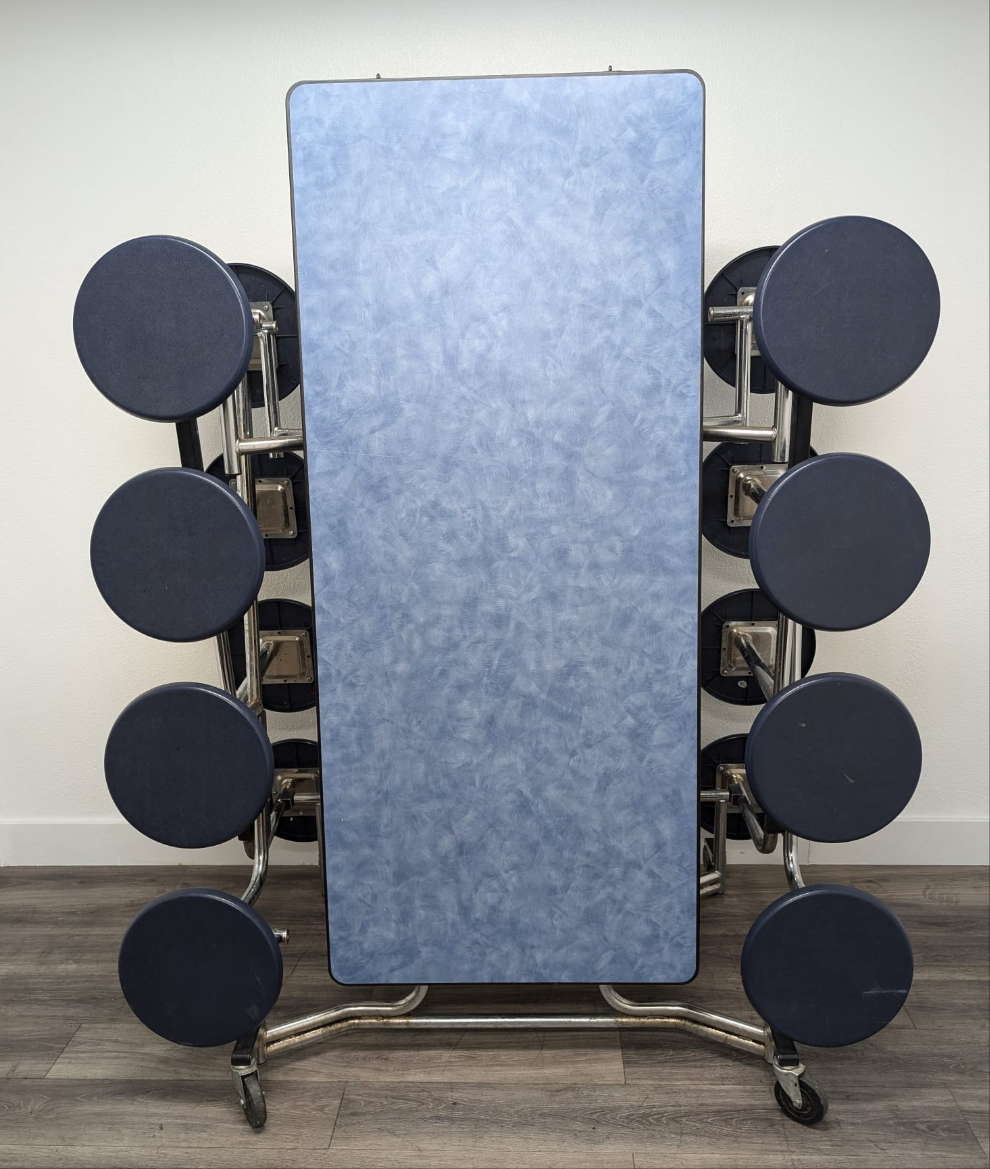 12ft Cafeteria Lunch Table w/ 16 Stool SLED Seat, Blue Woolamai Top, Blue Seat, Elementary Size (RF)