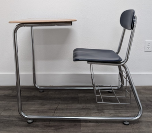 KI Ivy League Combo Desk, Navy Blue Hard Plastic Seat, Beige Hard Plastic Top, Basket, Sled Base (RF)
