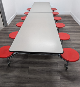 12ft Cafeteria Lunch Table w/ Stool Seat, Gray Top, Red Seat, Adult Size (RF)