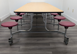 12ft Cafeteria Lunch Table w/ Stool Seat, Wood Grain Top, Burgundy Seat, Adult Size (RF)