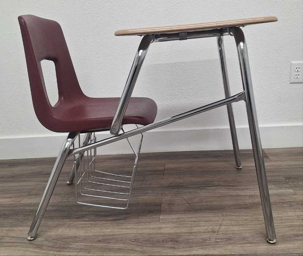 Artco Bell Combo Desk, Burgundy Seat w/ Hard Plastic Sandstone Top, Basket (RF)