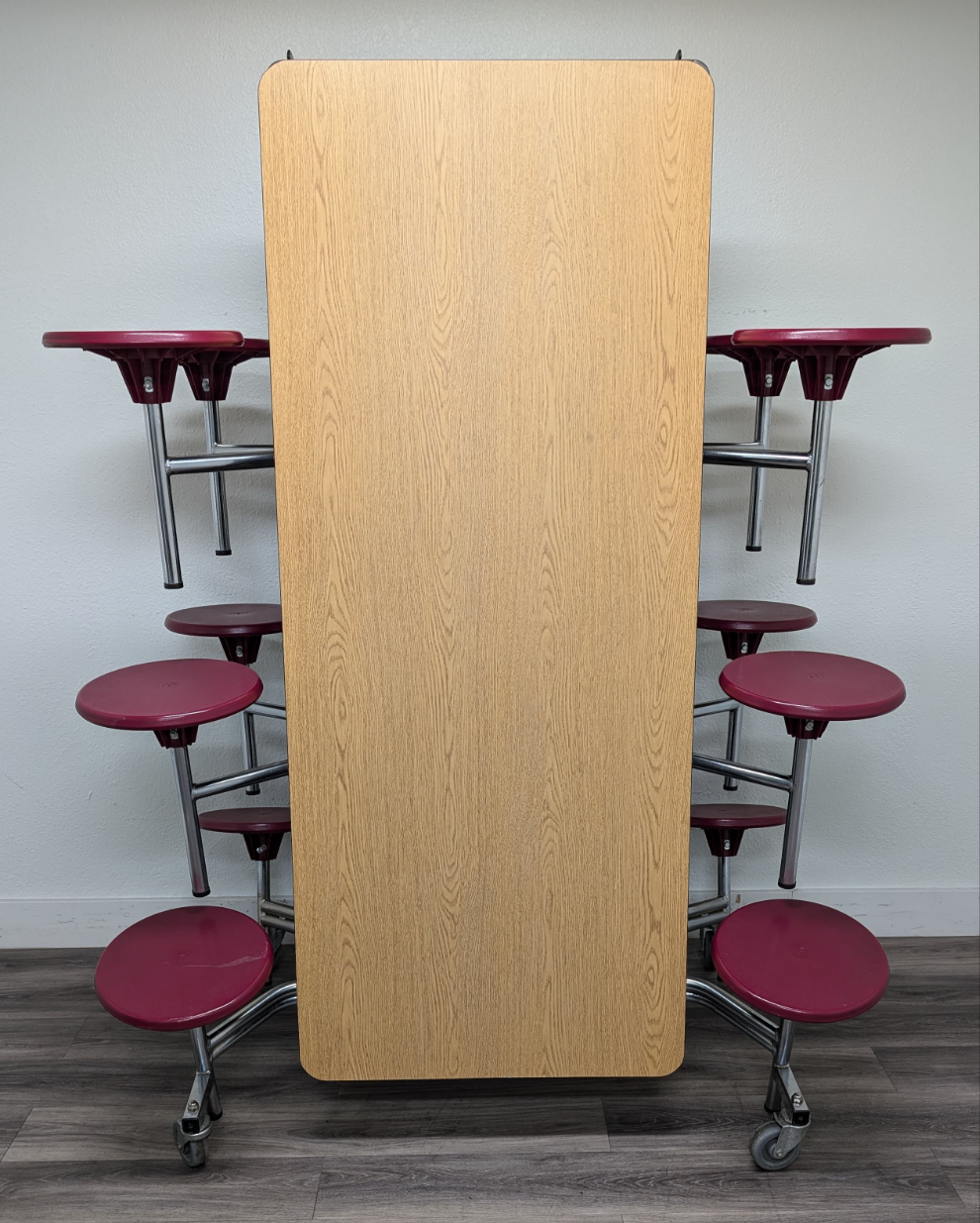 12ft Cafeteria Lunch Table w/ Stool Seat, Wood Grain Top, Burgundy Seat, Adult Size (RF)