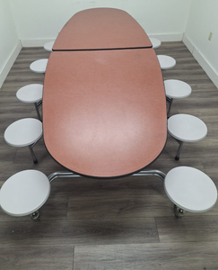 10ft Cafeteria Lunch Table w/ 12 Stool Seat, Bole Top, White Seat, Oval, Adult Size (RF)