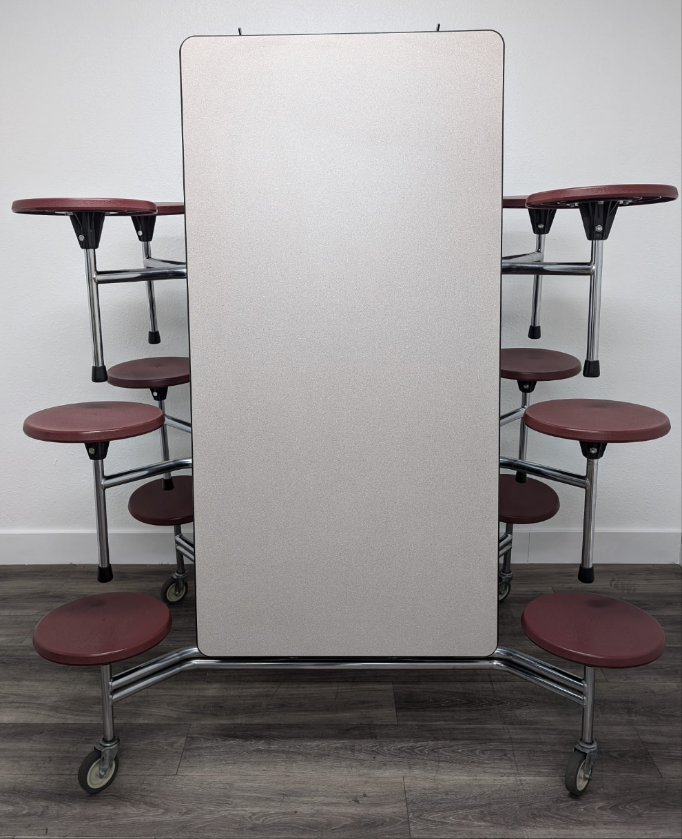 10ft Cafeteria Lunch Table w/ Stool Seat, Gray Top, Burgundy Seat, Adult Size (RF)