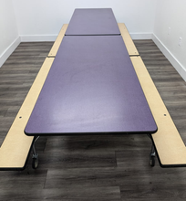 Load image into Gallery viewer, 12FT CAFETERIA LUNCH TABLE W/ FOLDABLE BENCH SEAT, PURPLE TOP, MAPLE BENCH, ADULT SIZE (RF)
