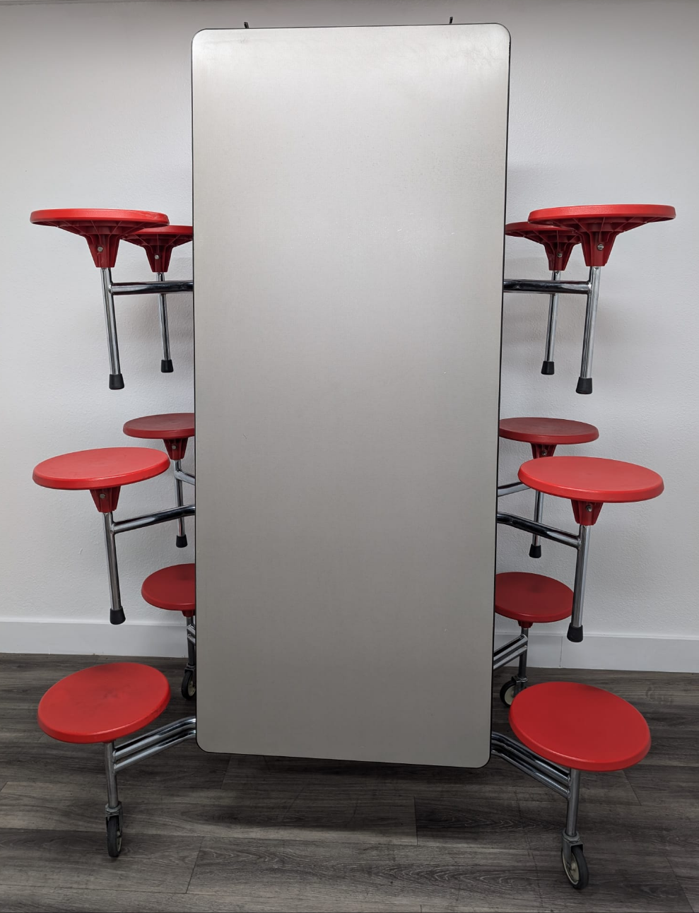 12ft Cafeteria Lunch Table w/ Stool Seat, Gray Top, Red Seat, Adult Size (RF)