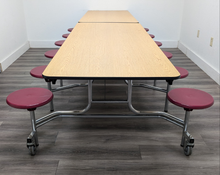 Load image into Gallery viewer, 12ft Cafeteria Lunch Table w/ Stool Seat, Wood Grain Top, Burgundy Seat, Adult Size (RF)
