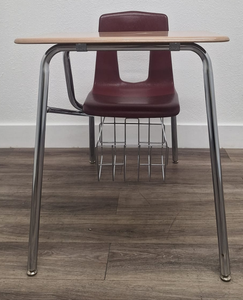 Artco Bell Combo Desk, Burgundy Seat w/ Hard Plastic Sandstone Top, Basket (RF)