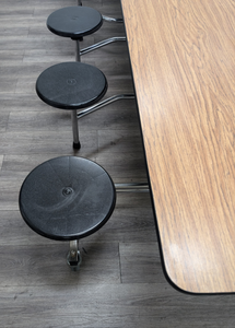 12ft Cafeteria Lunch Table w/ 12 Stool Seat, Dark Oak Top, Black Seat, Adult Size (RF)