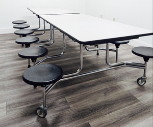 10ft Cafeteria Lunch Table w/ Stool Seat, Gray Top, Black Seat, Adult Size (RF)