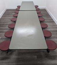 Load image into Gallery viewer, 12ft Cafeteria Lunch Table w/ 16 Stool Seat, Dark Sage Top, Burgundy Seat, Preschool Size (RF)
