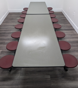 12ft Cafeteria Lunch Table w/ 16 Stool Seat, Dark Sage Top, Burgundy Seat, Preschool Size (RF)