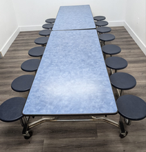 Load image into Gallery viewer, 12ft Cafeteria Lunch Table w/ 16 Stool SLED Seat, Blue Woolamai Top, Blue Seat, Elementary Size (RF)
