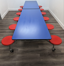 Load image into Gallery viewer, 12ft Cafeteria Lunch Table w/ Stool Seat, Blue Top, Red Seat, Adult Size (RF)
