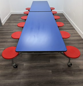 12ft Cafeteria Lunch Table w/ Stool Seat, Blue Top, Red Seat, Adult Size (RF)