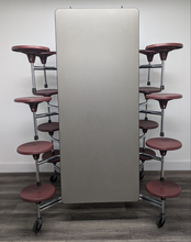Load image into Gallery viewer, 12ft Cafeteria Lunch Table w/ 16 Stool Seat, Dark Sage Top, Burgundy Seat, Elementary Size (RF)
