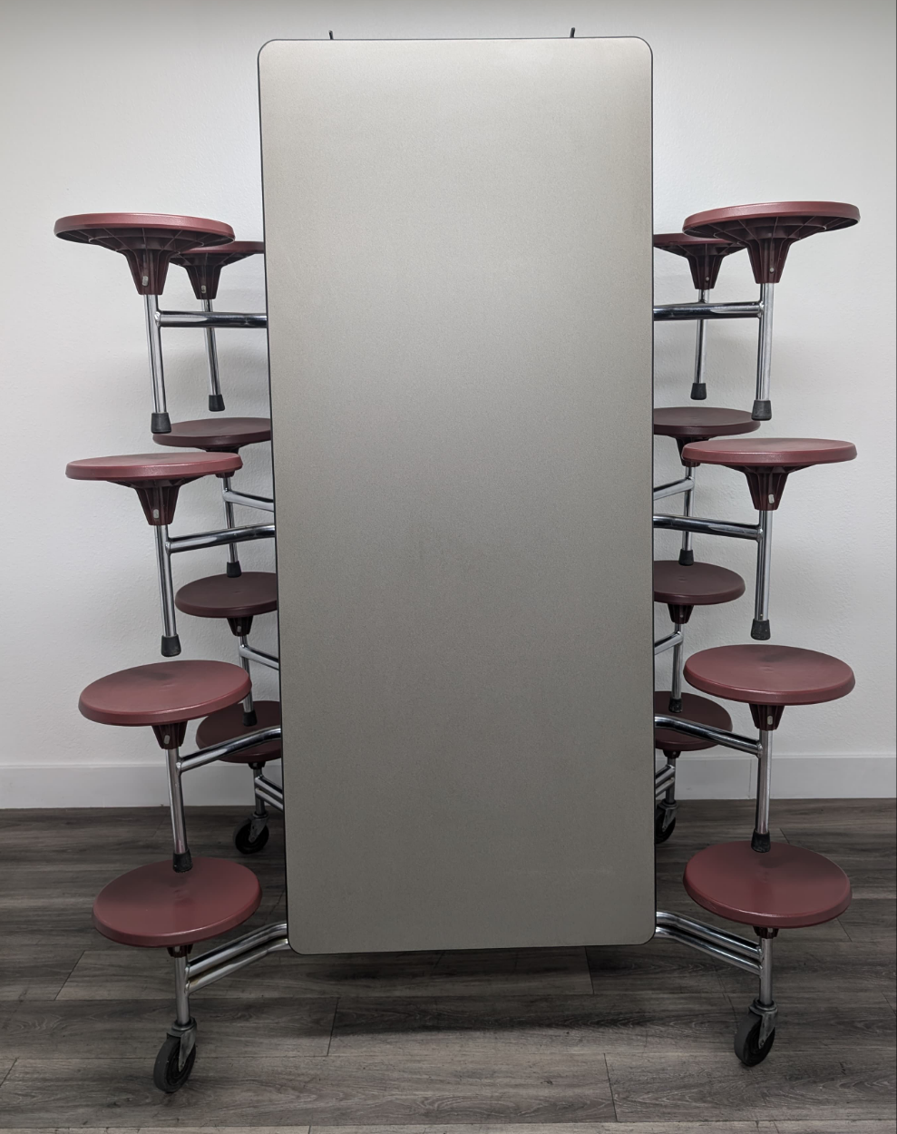 12ft Cafeteria Lunch Table w/ 16 Stool Seat, Dark Sage Top, Burgundy Seat, Elementary Size (RF)