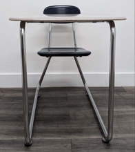 Load image into Gallery viewer, KI Ivy League Combo Desk, Navy Blue Hard Plastic Seat, Gray Spectrum Hard Plastic Top, No Basket, Sled Base (RF)

