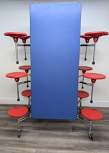 Load image into Gallery viewer, 12ft Cafeteria Lunch Table w/ Stool Seat, Blue Top, Red Seat, Adult Size (RF)
