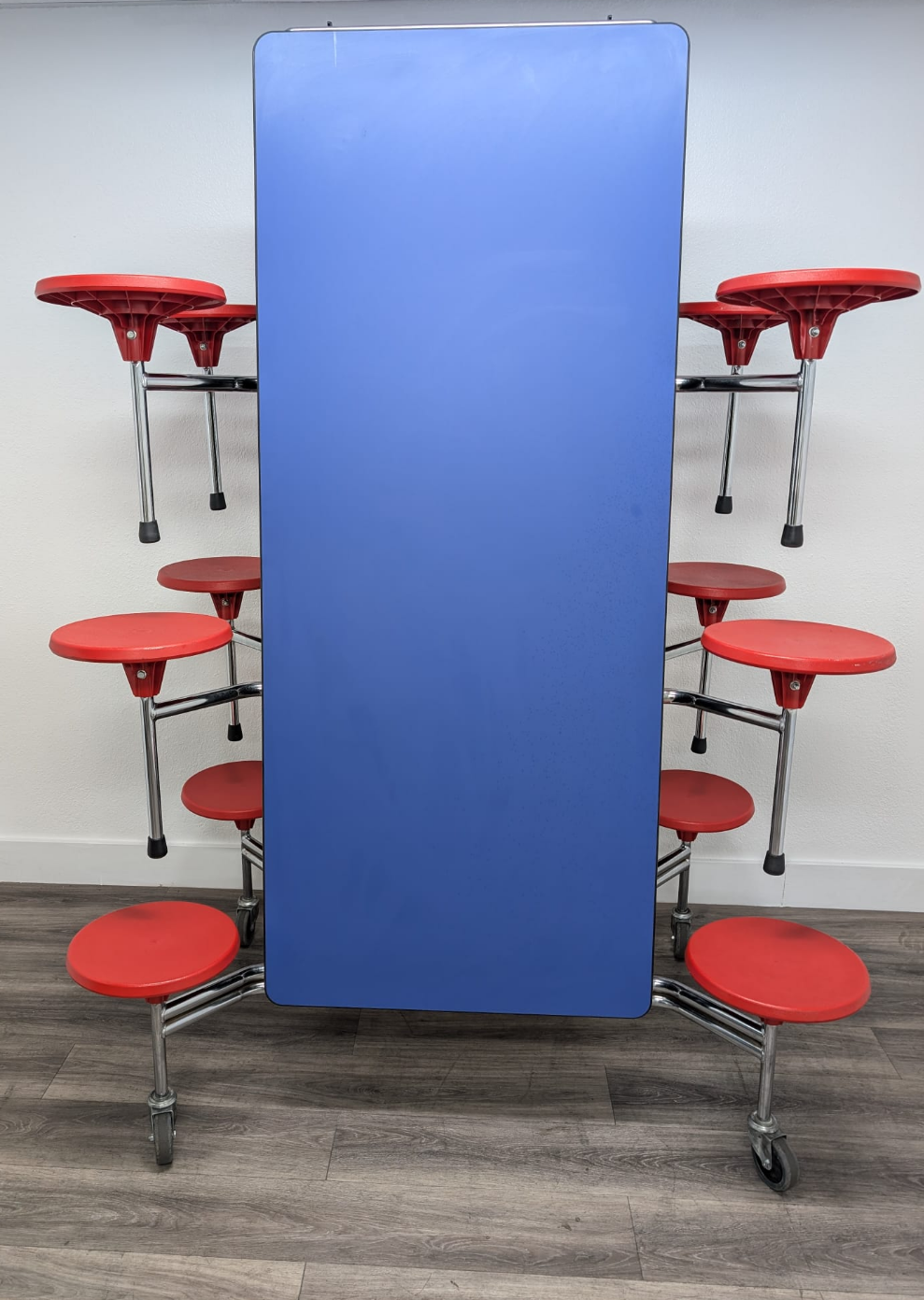 12ft Cafeteria Lunch Table w/ Stool Seat, Blue Top, Red Seat, Adult Size (RF)