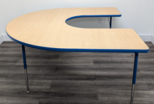 Load image into Gallery viewer, 60&quot; x 66&quot; Horse Shoe Activity Table, Adjustable Legs, Maple Top, Blue Edge (RF)
