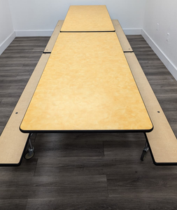 12FT CAFETERIA LUNCH TABLE W/ FOLDABLE BENCH SEAT, YELLOW TOP, MAPLE BENCH, ADULT SIZE (RF)