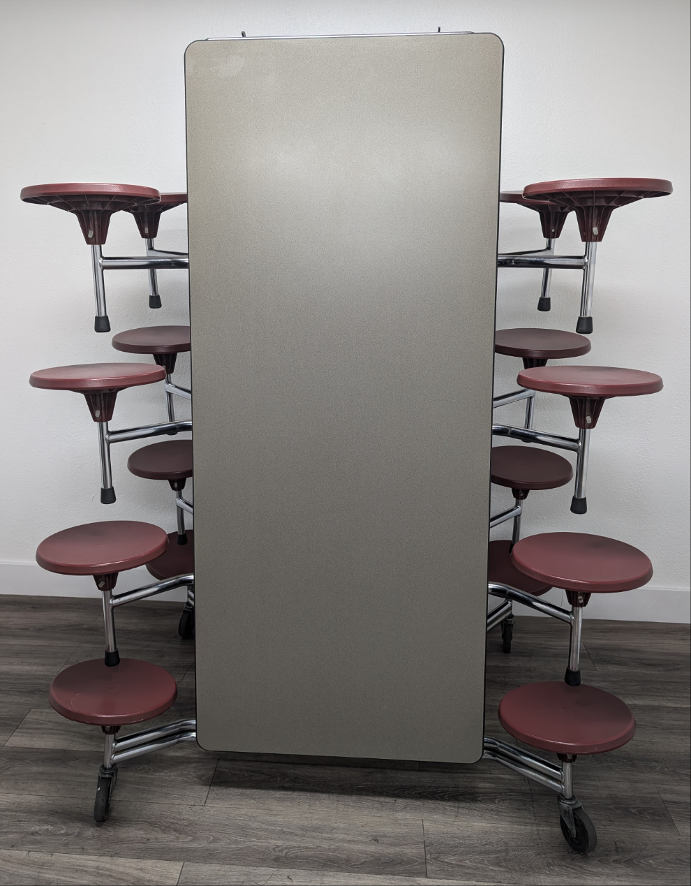 12ft Cafeteria Lunch Table w/ 16 Stool Seat, Dark Sage Top, Burgundy Seat, Preschool Size (RF)