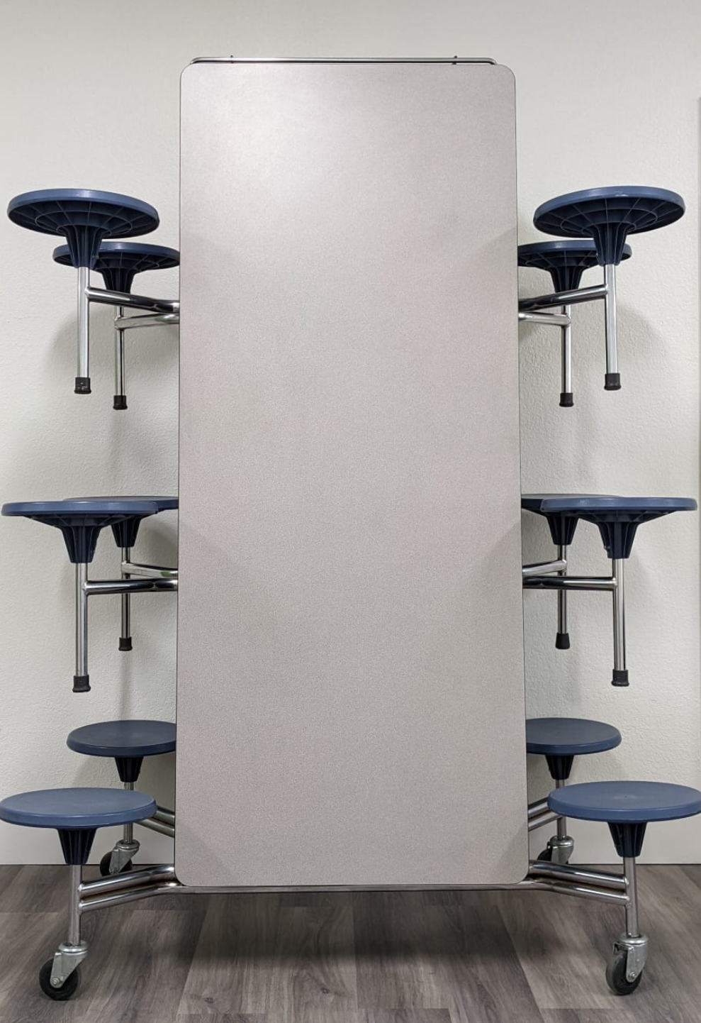 12ft Cafeteria Lunch Table w/ Stool Seat, Gray Top, Blue Seat, Adult Size (RF)
