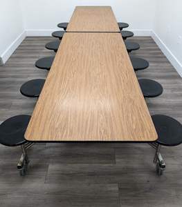 12ft Cafeteria Lunch Table w/ 12 Stool Seat, Dark Oak Top, Black Seat, Adult Size (RF)