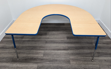 Load image into Gallery viewer, 60&quot; x 66&quot; Horse Shoe Activity Table, Adjustable Legs, Maple Top, Blue Edge (RF)
