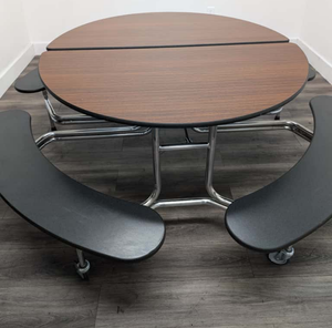 60in Round Cafeteria Lunch Table w/ Bench Seat, Wood Grain Top, Black Seat, Adult Size (RF)