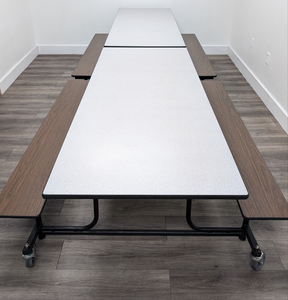 12ft Cafeteria Lunch Table w/ Wood Grain Bench Seat, Gray Top, Adult Size (RF)