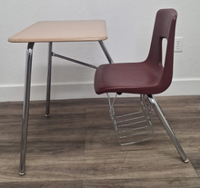 Load image into Gallery viewer, Artco Bell Combo Desk, Burgundy Seat w/ Hard Plastic Sandstone Top, Basket (RF)
