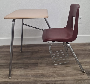 Artco Bell Combo Desk, Burgundy Seat w/ Hard Plastic Sandstone Top, Basket (RF)