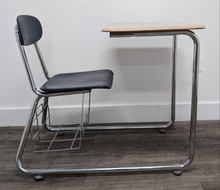 Load image into Gallery viewer, KI Ivy League Combo Desk, Navy Blue Hard Plastic Seat, Beige Hard Plastic Top, Basket, Sled Base (RF)
