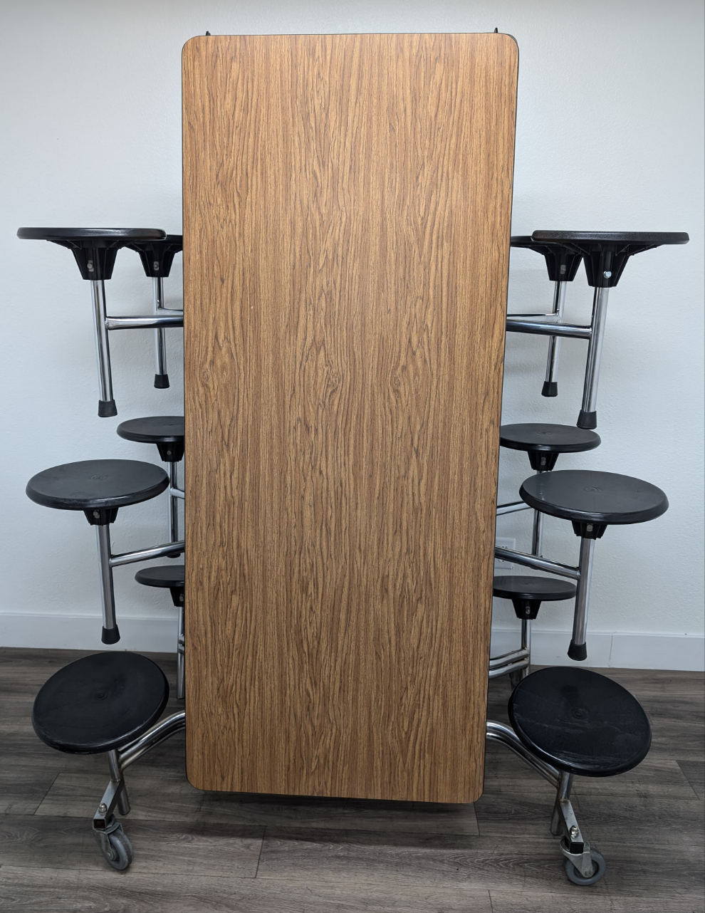 12ft Cafeteria Lunch Table w/ 12 Stool Seat, Dark Oak Top, Black Seat, Adult Size (RF)