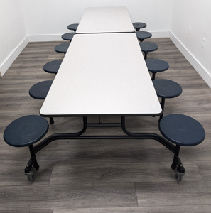 12ft Cafeteria Lunch Table w/ Stool Seat, Gray Top, Blue Seat, Adult Size (RF)