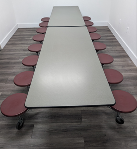 12ft Cafeteria Lunch Table w/ 16 Stool Seat, Dark Sage Top, Burgundy Seat, Elementary Size (RF)