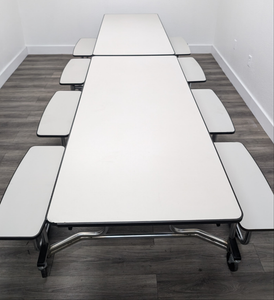 12ft Cafeteria Lunch Table w/ Double Bench Seat, White Top, White Seat, Adult Size (RF)