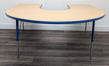 Load image into Gallery viewer, 60&quot; x 66&quot; Horse Shoe Activity Table, Adjustable Legs, Maple Top, Blue Edge (RF)
