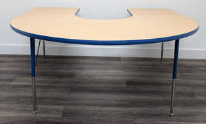 60" x 66" Horse Shoe Activity Table, Adjustable Legs, Maple Top, Blue Edge (RF)