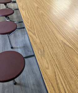 10ft Cafeteria Lunch Table w/ 12 Stool Seat, Wood Grain Oak Top, Burgundy Seat, Adult Size (RF)