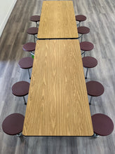 Load image into Gallery viewer, 10ft Cafeteria Lunch Table w/ 12 Stool Seat, Wood Grain Oak Top, Burgundy Seat, Adult Size (RF)
