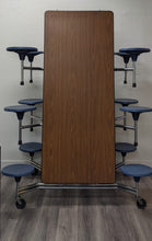 Load image into Gallery viewer, 12ft Cafeteria Lunch Table w/ Stool Seat, Walnut Top, Navy Blue Seat, Adult Size (RF)
