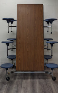12ft Cafeteria Lunch Table w/ Stool Seat, Walnut Top, Navy Blue Seat, Adult Size (RF)