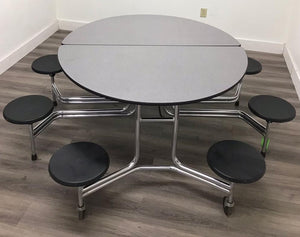 60in Round Cafeteria Lunch Table w/ 8 Stool Seat, Gray Top, Black Seat, Adult Size (RF)